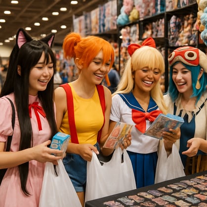 diverse cosplay girls happily shopping in a vendor line at a convention-1